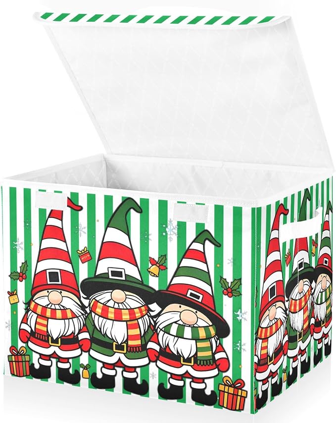 Christmas Stripe Fabric Storage Bins with Lid Closet Storage Basket 40L | Decorative Storage Boxes, Foldable & Stackable, Dust-Proof Flip Top, Reinforced Handles, For Home & Dorm, Clothes & Toy Box