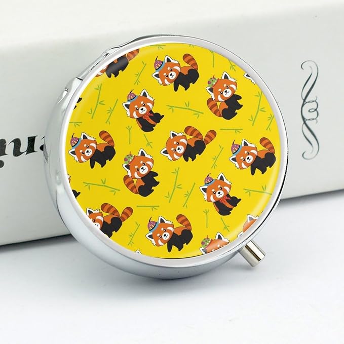 Mini Pill Organizer, Red Panda Round Compact Dispenser, Portable Holder for Fish Oil, Travel Pill Box Purse Use for Students