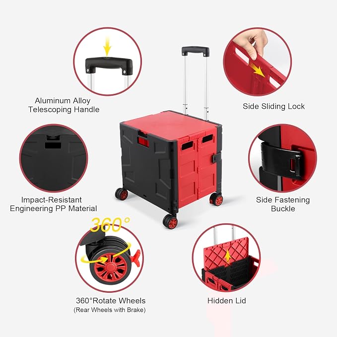 FELICON Folding Utility Cart Rolling Crate Handcart Basket Tote-Red+Black | Collapsible Hidden Lid,Plastic Box,Telescoping Handle,4 Rotate Wheels for Travel Shop Move Grocery Laundry Office Teacher Use