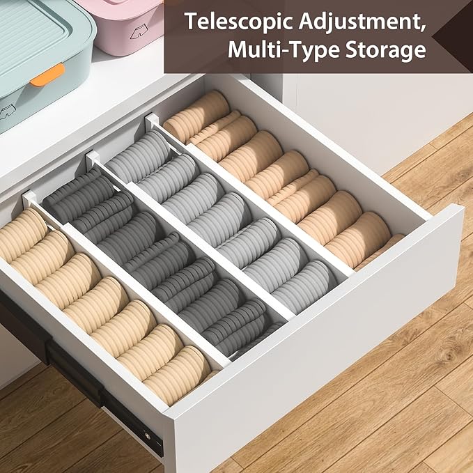 4 PCS Drawer Divider, 17"-22" Adjustable Bamboo Drawer Dividers Organizers, Expandable Separators for Kitchen, Clothes, Dressers, Home, Office, White