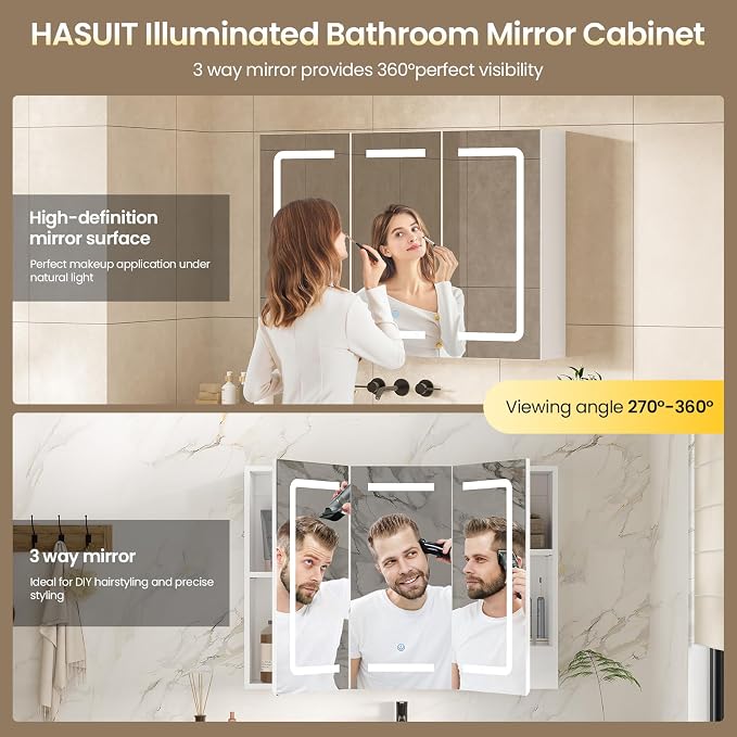 Medicine Cabinet Organizer with Mirror, Lighted Bathroom Medicine Cabinet with Storage, 3 Doors Bathroom Wall Cabinet with LED Lights, Adjustable Shelves & Outlets, 31.5'' x 23.6'', White
