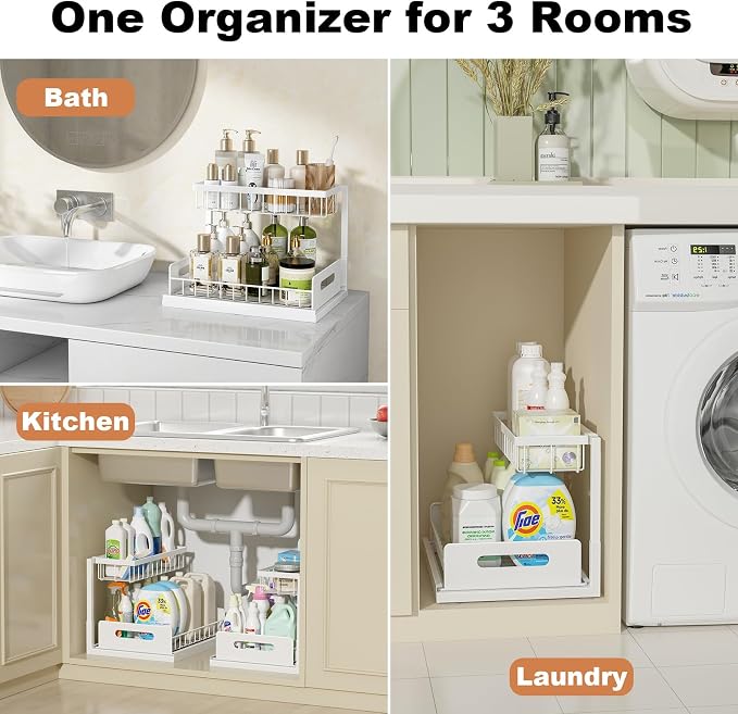 Under Sink Organizer, L-Shaped 2 Tier Pull Out Cabinet Organizer | Slide Out Under Cabinet Storage, For Kitchen and Bathroom, Metal Under Sink Storage with Sliding Drawer, 50 lbs, White 2 Pack