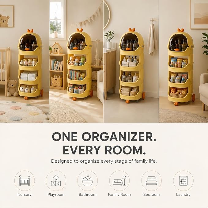 Rolling Nursery Organizer with Lockable Wheels, 3-Tier Baby Storage Shelf with Dustproof Top Bin, Mobile Organizer Cart for Diapers, Bottles, Toys, Nursery, Playroom & Bedroom