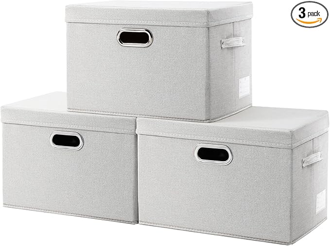 Large Collapsible Storage Bins with Lids [3-Pack] Fabric Foldable Storage Boxes Organizer Containers Baskets Cube with Cover for Home Bedroom Closet Office Beige(17.3x11.8x11.8)