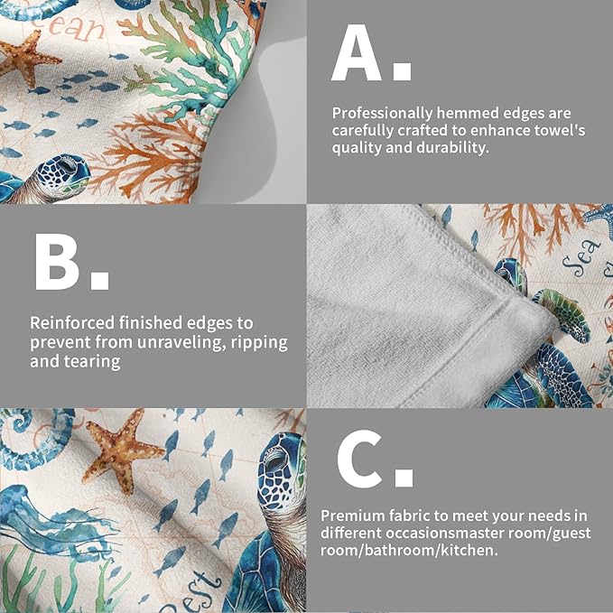 Giwawa Nautical Coastal Hand Towels Set of 2 Sea Turtle Seahorse Decorative Kitchen Dish Towels Soft Fingertip Towels for Bathroom Gym Spa Gifts