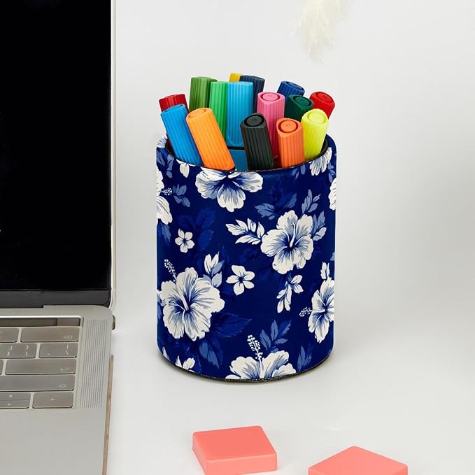 Faux Leather Pen Holder for Desk, Pencil Organizer Flowers Pen Cup Desk Decor Makeup Brush Holder Storage for Office Home
