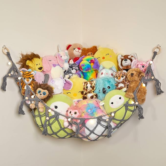 Macrame Stuffed Animal Hammock | Corner Stuffed Animal Storage & Boho Plushie Net | Toy Hammock for Stuffed Animals w/LED String Lights | Hardware Included | Grey Bedroom Decor | by Lilly's Love