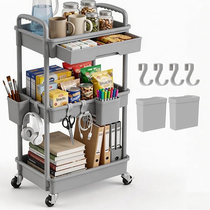 3 Tier Rolling Utility Cart with Drawer, Plastic Storage Organizer Rolling Carts with Wheels Handles Hanging Cups Hooks for Office, Bathroom, Kitchen,Craft Art Room (Grey)