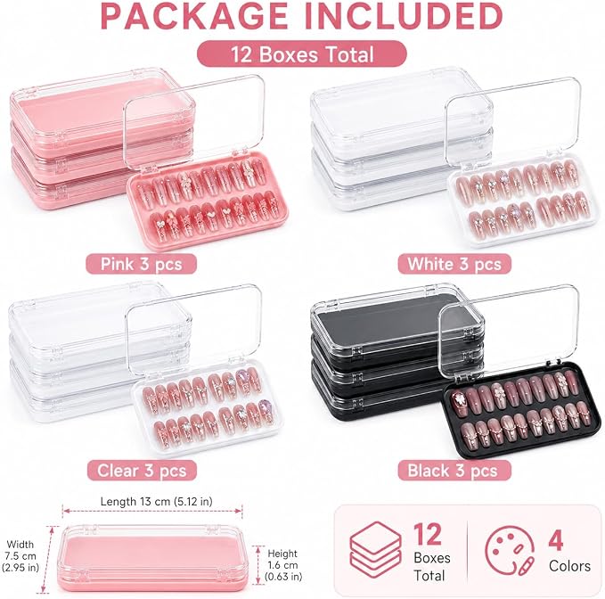 12Pcs Press On Nail Packaging Boxes for Long Nails | Large clear storage cases for long press ons; includes 30 adhesive tabs and bonus tools for nail salon use.