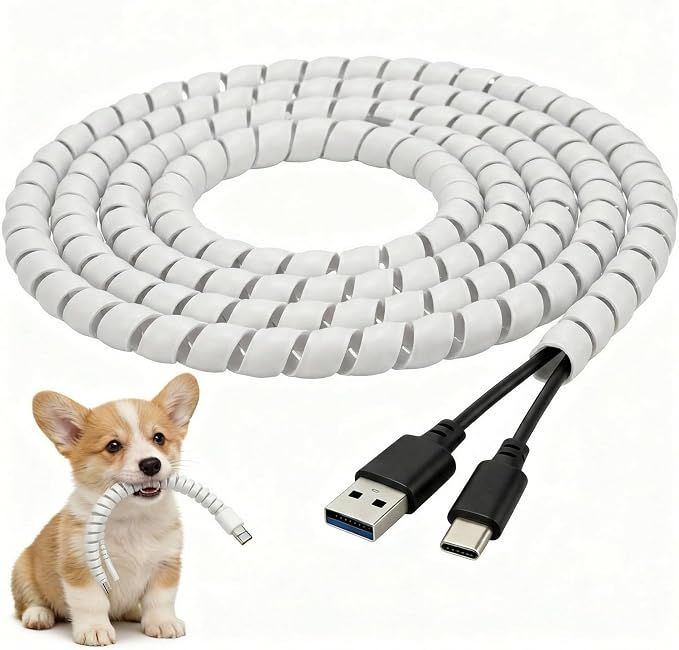 Flutesan Dog and Cat Cord Protector 10 mm Spiral Cable Wire Wrap from Pets No Chew Cat Proofing Cords 5 Pcs/Pack for TV Computer Ebike Electrical Wire(49.2 ft,White)