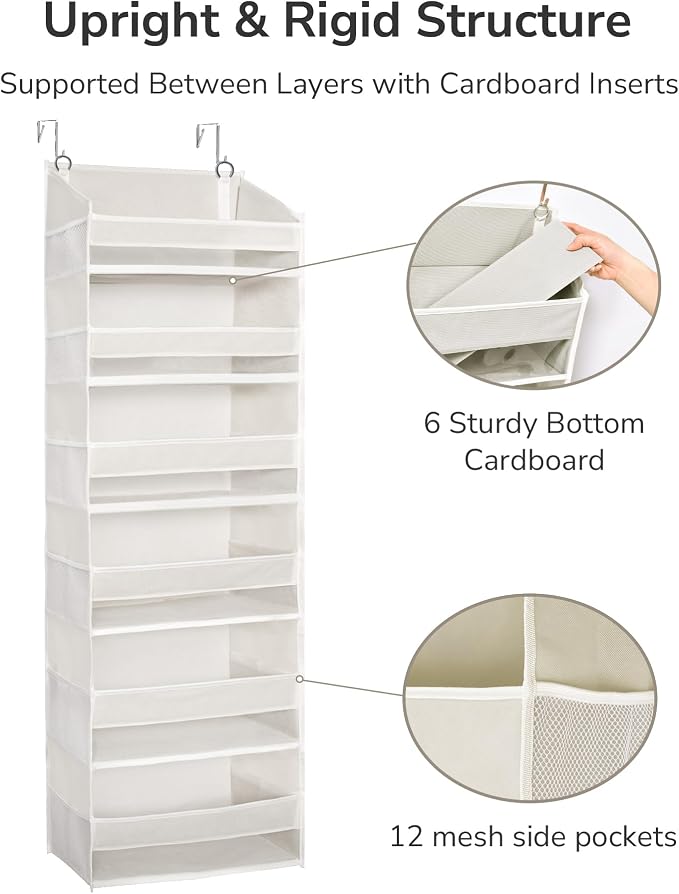 ULG 2 Pack Over The Door Organizer with 6 Large Pockets 12 Side Pockets, 50lbs Weight Capacity Door Hanging Organizer for Bedroom, Bathroom, Pantry, Nursery Storage, Beige