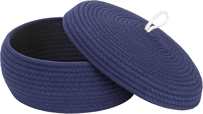 Sea Team Round Woven Cotton Rope Storage Basket with Lid, Navy | Lidded Knitted Decorative Storage Bin, Pot, Caddy, Organizer, Container for Snacks, Towels, Plants, 13 x 5.5 Inches