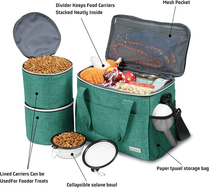 BAGLHER Dog Travel Bag Backpack Pet Supplies Backpack Pet Accessories Storage Bag 5-Piece Set With Shoulder Strap 2 Lined Pet Food Containers 2 Foldable Feeding Bowls Essential Kit for Pet travel