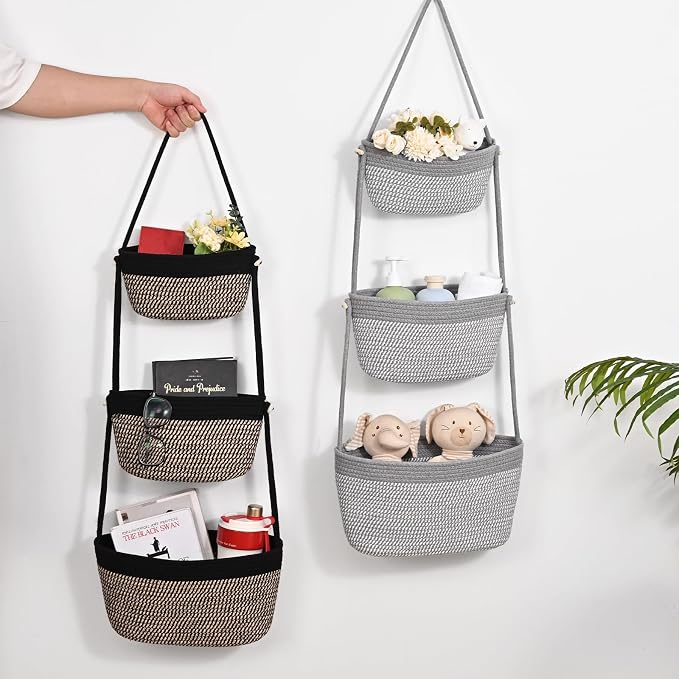 Hanging Basket, 3-Tier Woven Wall Basket with 4 Hooks, Cotton Rope Storage Baskets, Over the Door Organizer for Nursery, Bedroom, Cottage and Boho Wall Decor