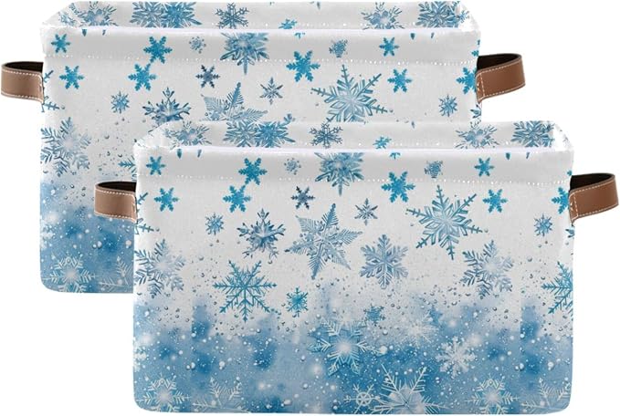 Winter Snowflake Blue Storage Basket with Waterproof Liner and PU Handles White Christmas Holiday Xmas Storage Boxes 14.2" Collapsible Decorative Organizer Baskets for Bedroom Closet Office 2 Pack