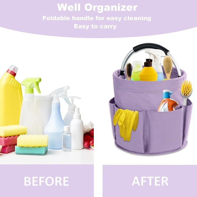 17L Cleaning Caddy with Handle, Cleaning Supplies Organizer, Foldable Storage Basket, Cleaning Supply Caddy, Portable Multi Cleaning Bucket Bag for Home, Garden (Purple)