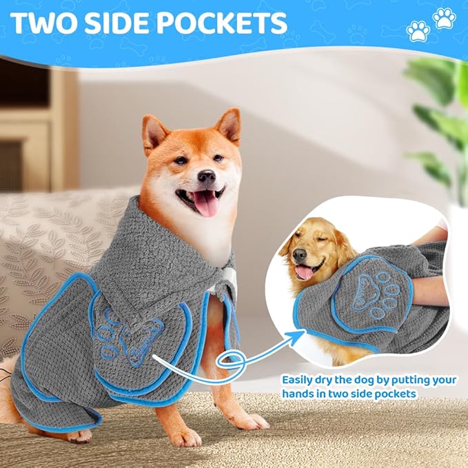 SlowTon Dog Bathrobe Drying Coat – Super Absorbent Microfiber Towel Wrap with Adjustable Collar & Belly Strap, Fast Drying Bath Robe for After Bath Swim, for Large, Medium, Small Dogs (Grey M)