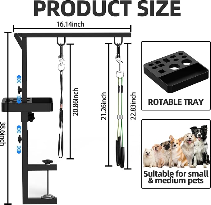 Dog Grooming Arm with Tray, 38" Pet Grooming Table Arm with Adjustable No Sit Haunch Holders, Pet Grooming Stand with Clamp for Small & Medium Pets