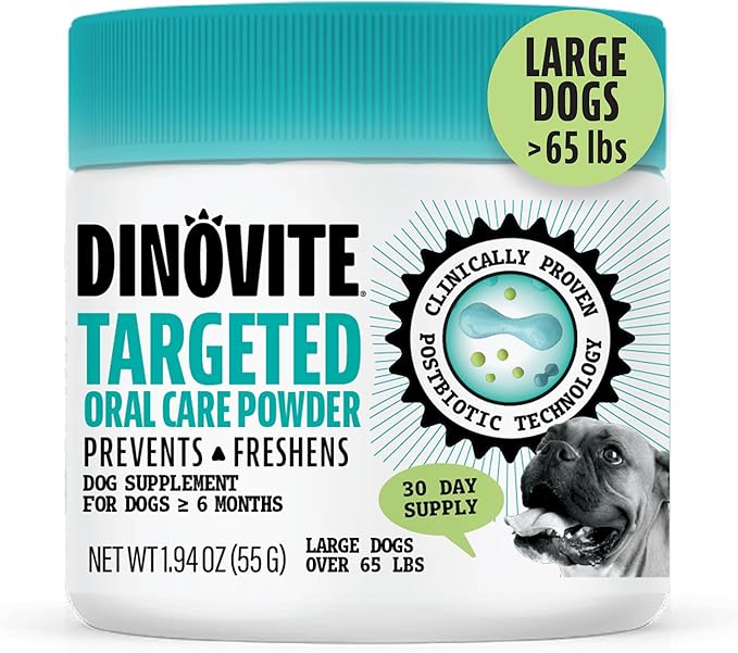 Dinovite Dog Dental Powder, Brush-Free Breath Freshener & Teeth Cleaning Dental Care Powder with Probiotics & Postbiotics, Oral Care Bad Breath Treatment, Large Dogs, Made in USA, 30 Day Supply