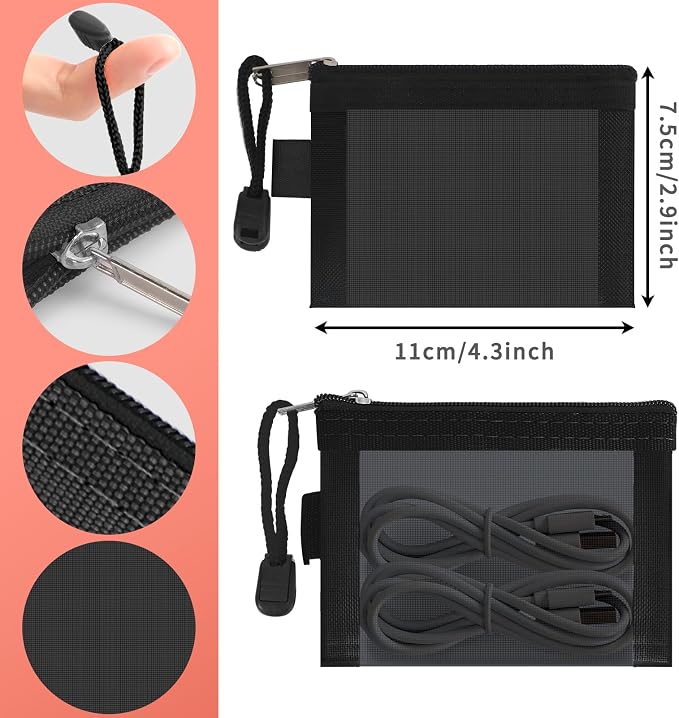 Classycoo Mini Zipper Mesh Bags 5 Pack, 3" x 4.3" Nylon Small Pouch Key Card Holder,Coin Purse, Portable Travel Makeup Cosmetic Bags for Lipstick,Earphone (Black)