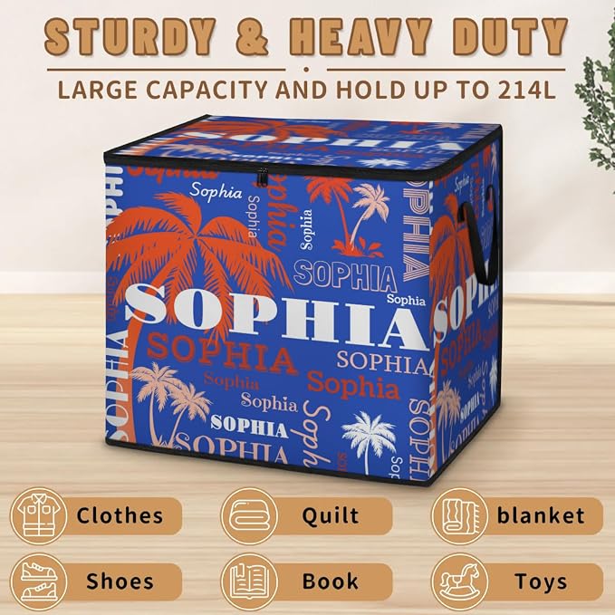 Personalized Summer Palm Trees Storage Bags with Lid Large Blanket Clothes Organization Storage Containers for Comforters,Bedding, Foldable Organizer, Orange White Names Navy Blue Background