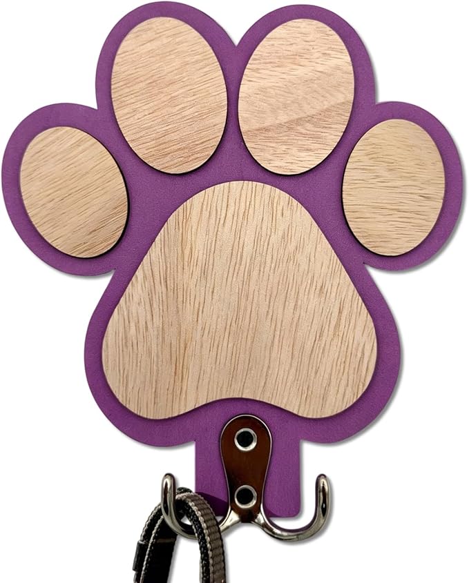 Goodangie00 Rustic Wooden Dog Leash Holder Wall Decoration, Cute 3D Puppy Paw Wall Mount Hanger Organizer Hooks for Home Farmhouse Bathroom, Coat Rack, Keys, Harness, Collars, Pet Lover Gift (Purple)