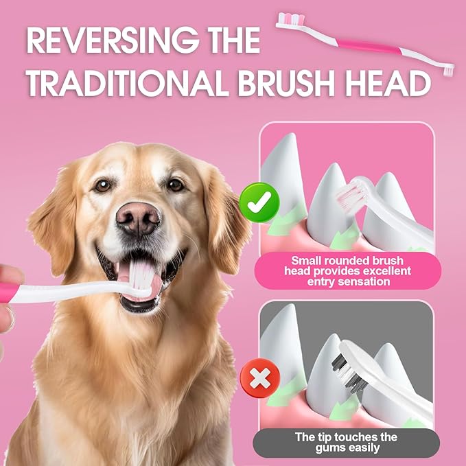 Dog Toothbrush – Newly Upgraded Dual-Head Design with 60° Wavy Bristles – Gently Surrounds Teeth for Deep Cleaning and Plaque Removal – Non-Slip Handle, Ideal for Daily Pet Dental Care (Pink, 6-Pack)