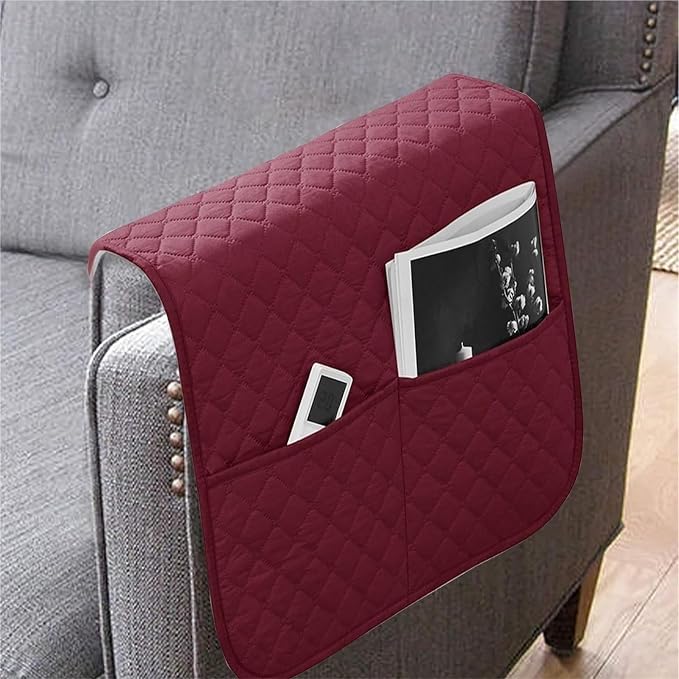 Armrest Covers Arm for Chairs Couch Sofa Armchair Slipcovers Recliner Organizer Non-Slip Chair Bedside Storage Caddy Holder 2 Pockets Magazines Waterproof(Dark Red)