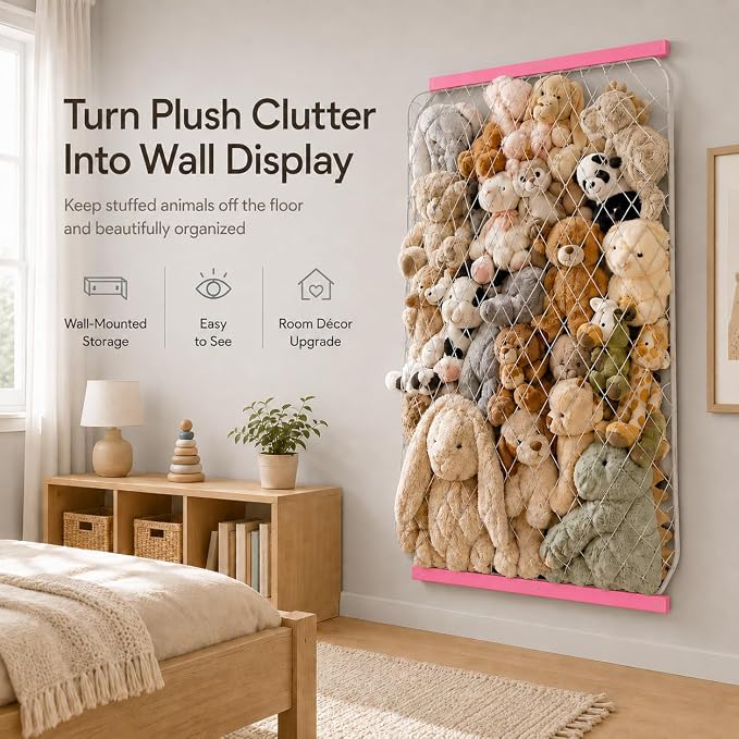 Stuffed Animal Storage Net, Elastic Stuffed Toy Holder,Door/ Wall Mount Length Adjustable Hanging Stuffy Animal Organizer, Plushie Net For Nursery Play Room-Pink Boards