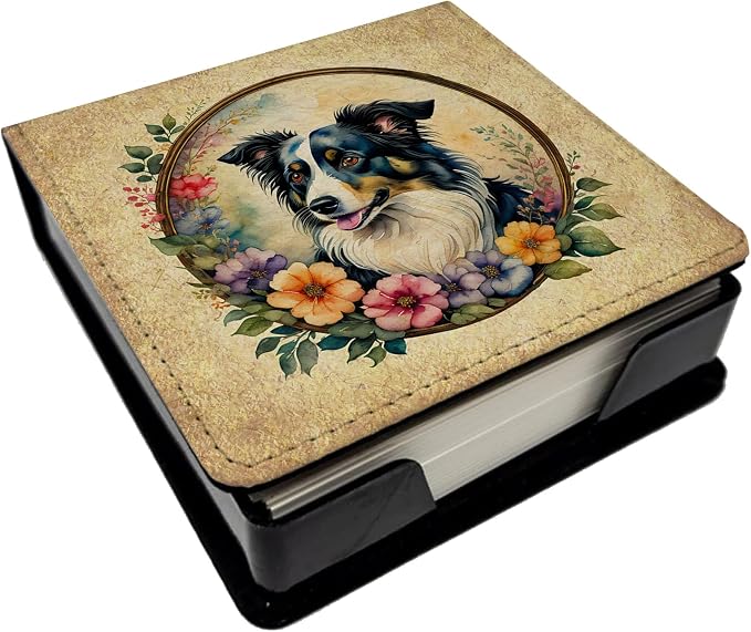 Caroline's Treasures Border Collie and Flowers PU Leather Note Paper Holder with Artist-Designed Cover, Desk Accessory, Office Gift