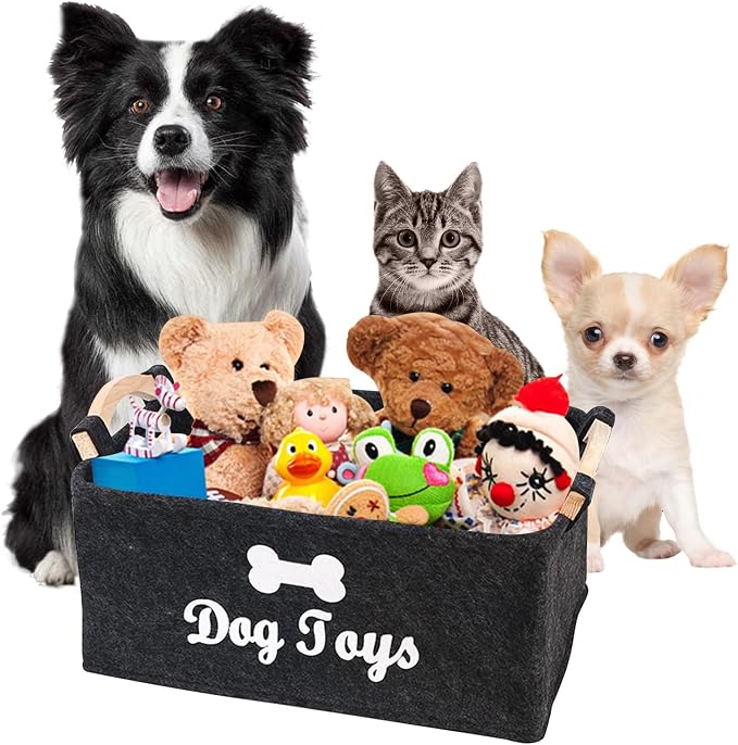 Collapsible Fabric Dog Toy Box, Pet Toy Basket with Wooden Handle, Grey Pet Supplies Storage Bin for Toys, Leashes, Blankets, 15" x 10" x 7''