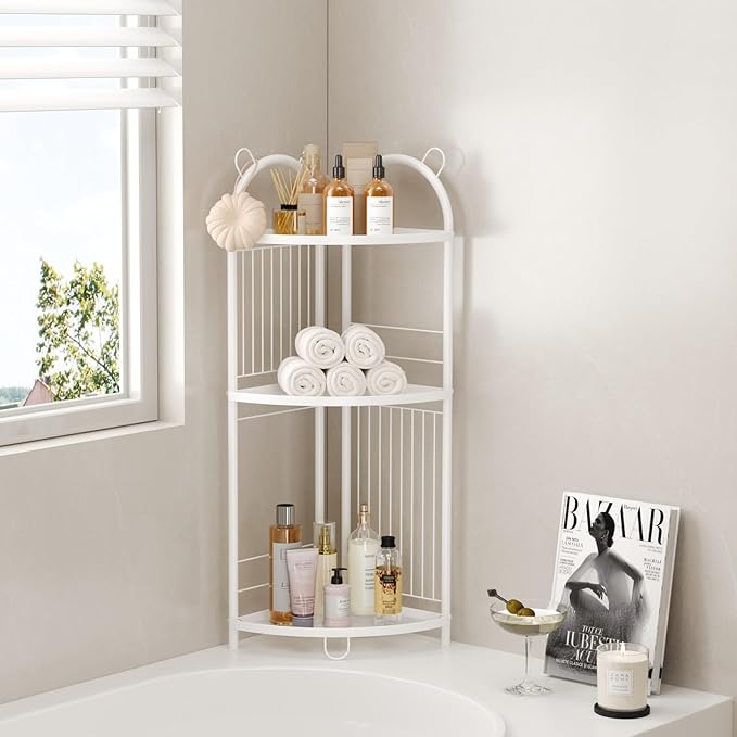CICUFY Small Corner Shelf Metal Bathroom Corner Shelf 3 Tier Bathroom Stand Toilet Paper Storage Standing Shower Caddy Organizer Toilet Shelf Unit (White)