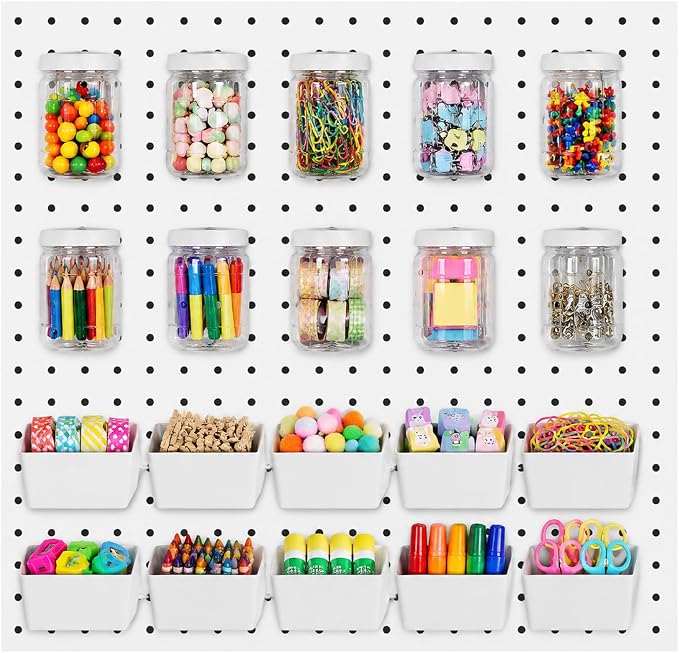 20PCS Pegboard Organizer Accessories, 10 Clear PET Jars with Lids & 10 Open ABS Bins, Fits 1/8” & 1/4” Pegboards, Wall Organizer Set for Garage, Workshop, Craft Room, Office & Home
