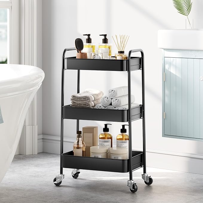 TOOLF 3 Tier Metal Rolling Cart, Utility Storage Cart with Wheels, Black | Screwless Assembly, Lockable Metal Wheels, Trolley Organizer for Bathroom, Kitchen, Office, Dorm, Laundry, Craft Room