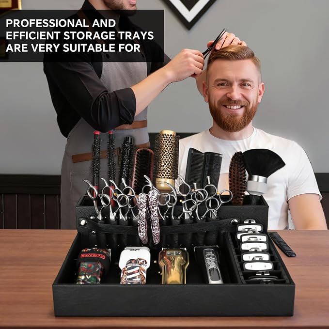 Barber Organizer Tray, 13.9 x 11.2 x 4.4 inch Adjustable Station for Clippers & Guards Scissors, Multifunctional Non-slip Barber&Salon Hair Tools Holder, with PU Leather Exterior Hairdressing Case