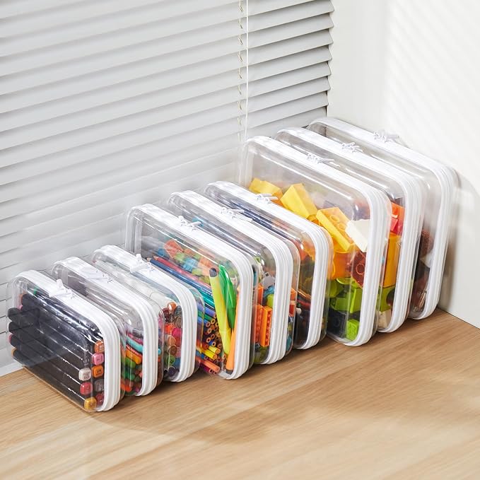 4PCS Large Clear Hard Shell Zipper Case, Makeup Organizer & Toy Storage Bag for Lego Bricks, Diaper Pouches, Cosmetic Bags, Transparent Pencil box, Puzzle Board Game, Portable Travel Toiletries