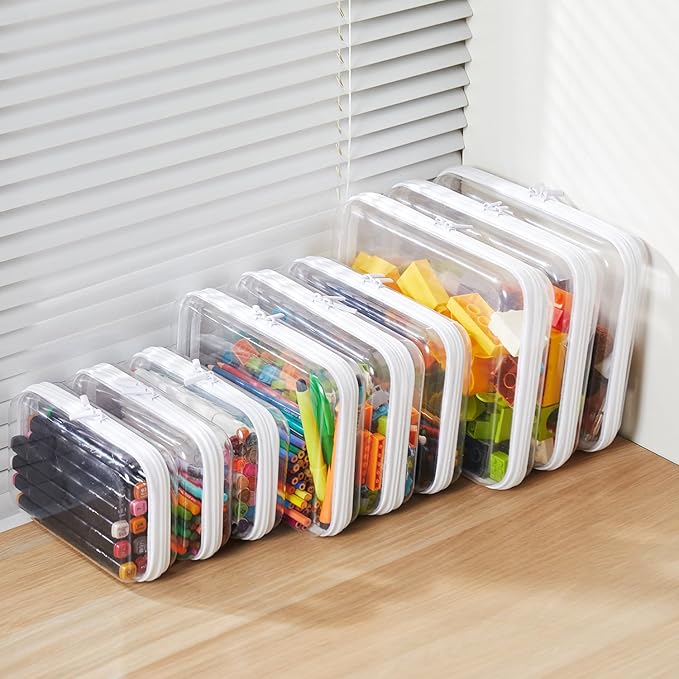 MACOPRO 2PCS Large Clear Zipper Bags with Hard Shell - Makeup Organizer & Toy Storage Container for Building Blocks, Pencils, Toiletries, Travel Accessories Diaper for Organizing