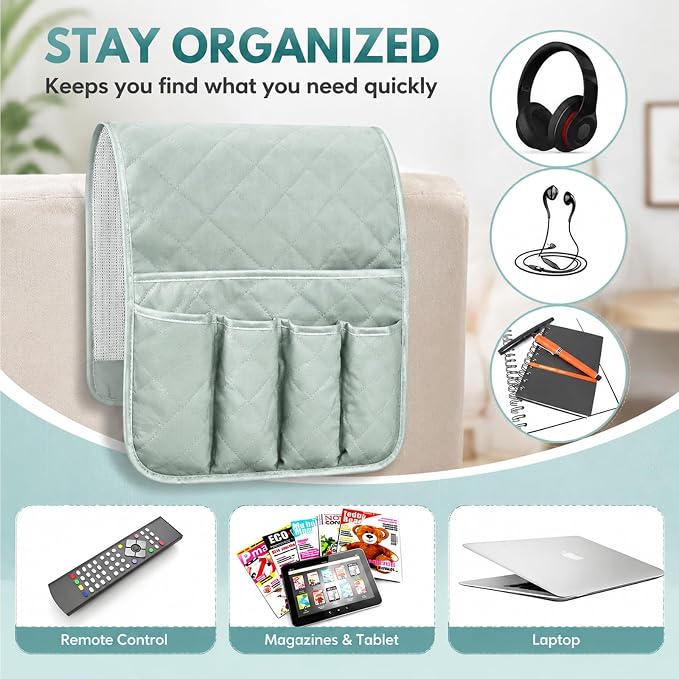 Armchair Caddy for Recliner, Non Slip Sofa Arm Organizer,Light Green | 5-Pocket Recliner Armrest Organizer, Couch Side Storage Holder for Remotes, Cell Phone, Magazines & Tablets, Machine Washable