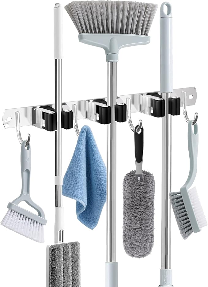 HANZENMA Broom Holder Wall Mount, Broom Organizer Wall Mount Stainless Steel Broom and Mop Hanger Heavy Duty Storage Organization for Home Kitchen Garden Garage Room 3 Racks 4 Hooks Black