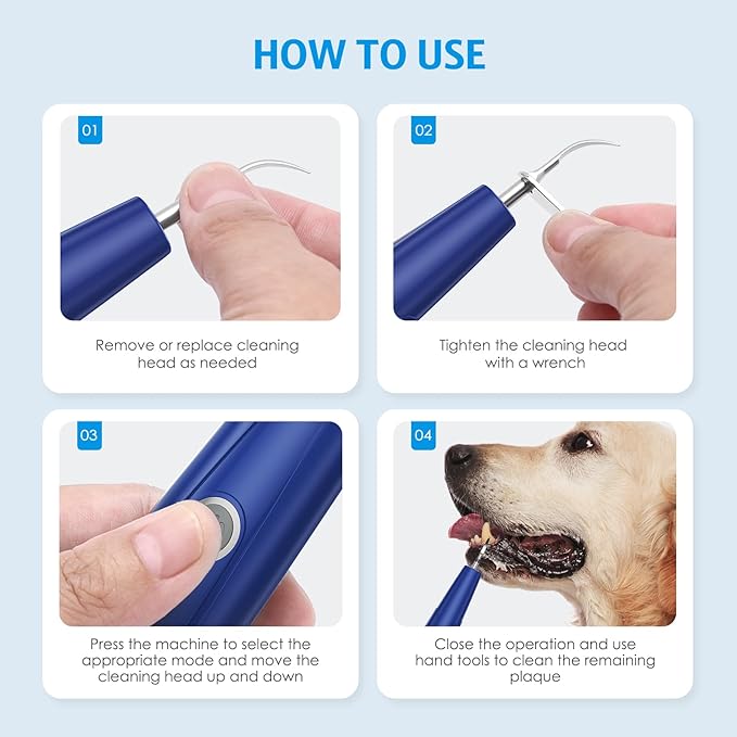 AMIR Ultrasonic Pet Plaque Remover, Electric Teeth Cleaning Kit for Dogs & Cats with 5 Modes, LED Light, IPX6 Waterproof, USB Rechargeable Toothbrush Cleaner for Dogs Cats (Blue)