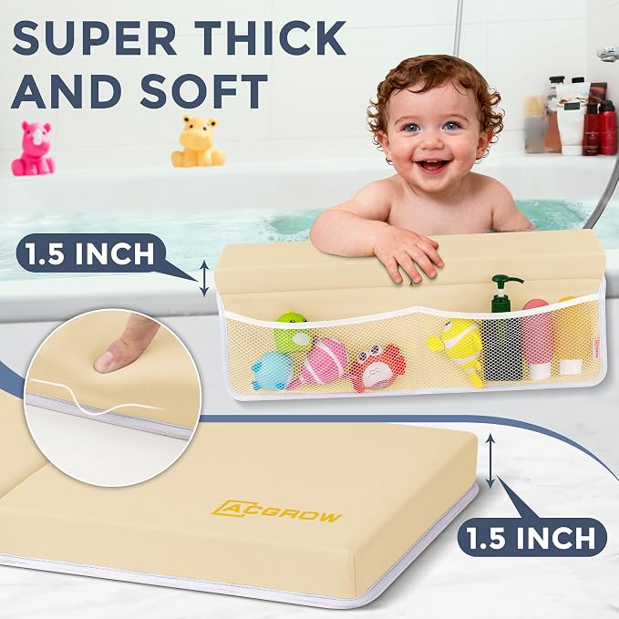 Bath Kneeler and Elbow Rest Pad Set, 1.5” Thick Bathtub Kneeling Mat | Cozy Memory Foam, Non-Slip 6 Suction Cups and 4 Toys Organizer Pockets, Quick-Dry Bath Kneeling Pad for Babies Toddlers