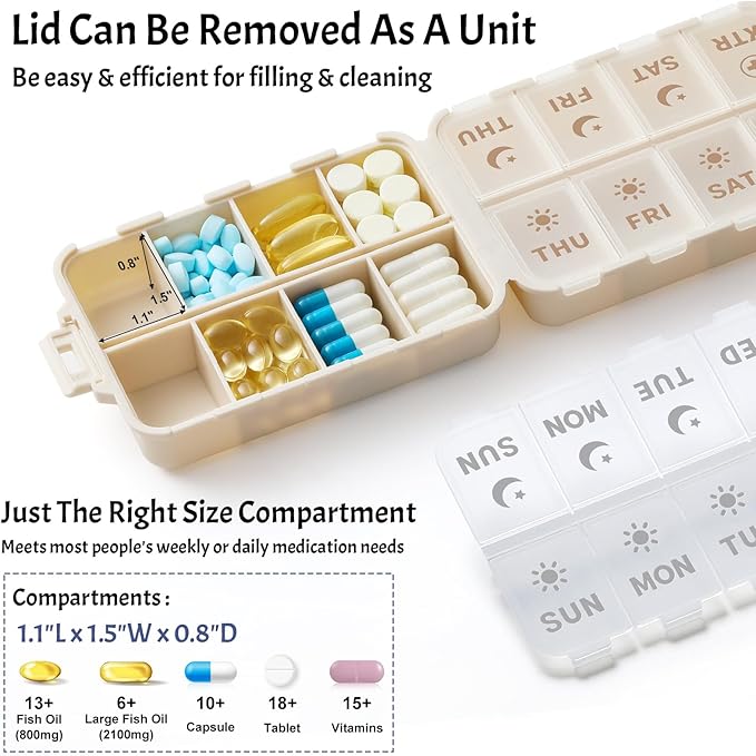 Compact & Foldable Weekly Pill Organizer 2 Time a Day, 7-Day AM PM Pill Box | Large Capacity, Dual Protection, Etched Labels- Week Daily Travel Vitamin Case Holder, Supplement Fish Oil Medicine Dispenser