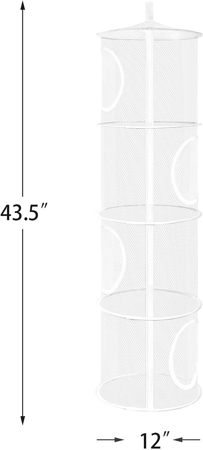 Hanging Stuffed Animal Storage Hammock Net 4 Tiers, White | Hanging Mesh Storage Organizer for Kids Room, Holds Plushies, Gloves, Hats, Socks, Foldable Space-saving Design