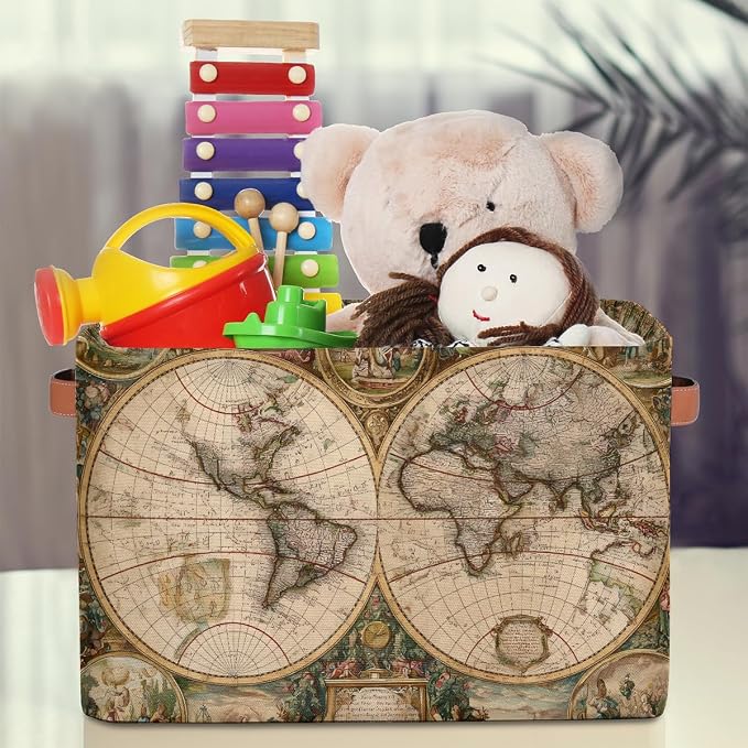 Globe Travel World Map Storage Basket Cloth Storage Cube Basket Bins | Collapsible Cloth with Handles Rectangular Toys Nursery Bedroom Home Office
