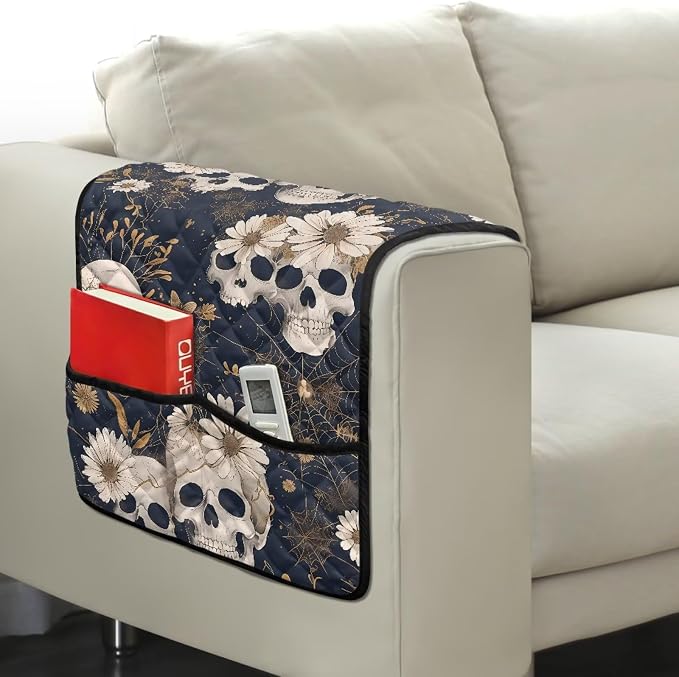 Skull Daisy Stretch Sofa Armrest Covers Arm Cover for Chairs Anti-Slip Couch Armrest Covers with 2 Pockets Furniture Armrests Protector for Sofa Couch Chair Recliner