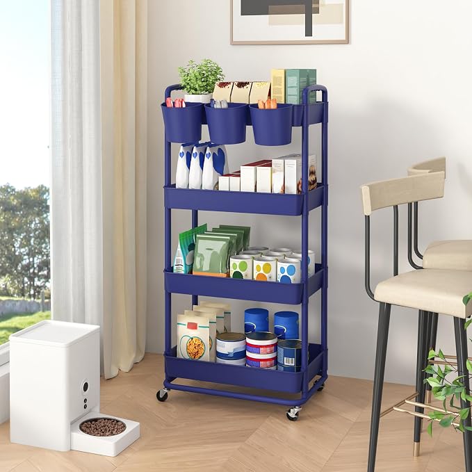 4-Tier Plastic Rolling Storage Cart Utility Cart Blue | Utility Cart with Extra Hanging Cups Arc-Shaped Handles Lockable Wheels for Living Room Bathroom Kitchen Office