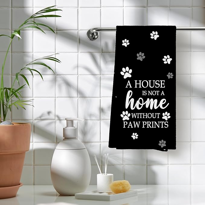 Black Paw Farmhouse Kitchen Towels Decor Gifts for Women Pet Lovers, A House is Not A Home Without Paw Prints Decorative Bathroom Towels, Funny Dish Hand Towels for Kitchen Drying 16x24 Inch