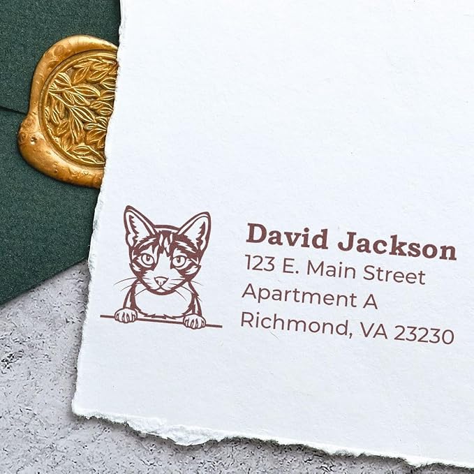 Peeking Aegean Cat Wood Handle Address Stamp - Personalized Rubber Stamp | Return Address Stamp for Veterinary Clinics. Return Address Stamp for Aegean Cat Lovers. Up to 50 characters per line.
