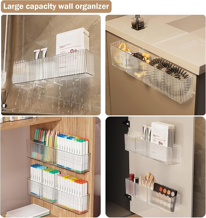 2Pack Wall Mount Pen Holder,Marker Stationery Organizer,Makeup Storage | No Drill,Heavey Duty Adhensive Tape, Clear Wall Storage for Office, Medicine Cabinet Door Organizer Storage, Floating Shelves