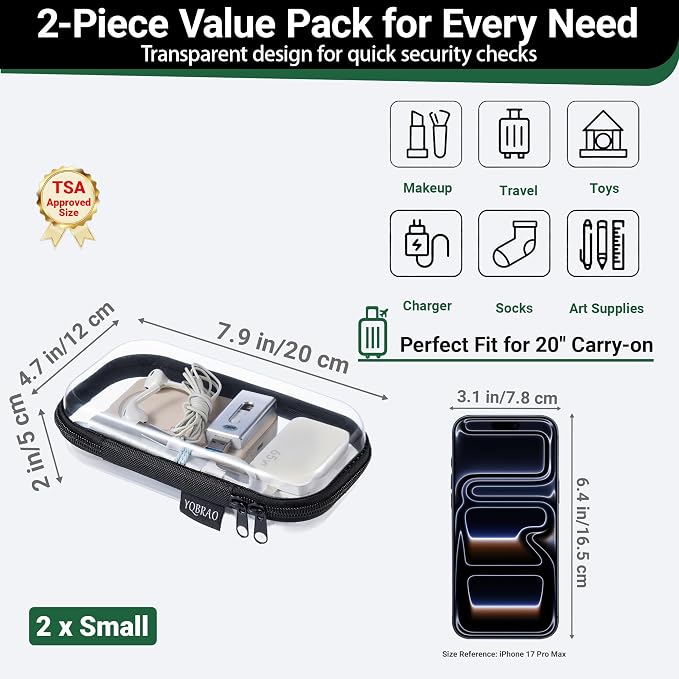 YQBRAO Clear Hard Shell Organizer Set, 2-Pack, Black | Two small rigid PET organizers for electronics, travel essentials, office supplies and everyday organization